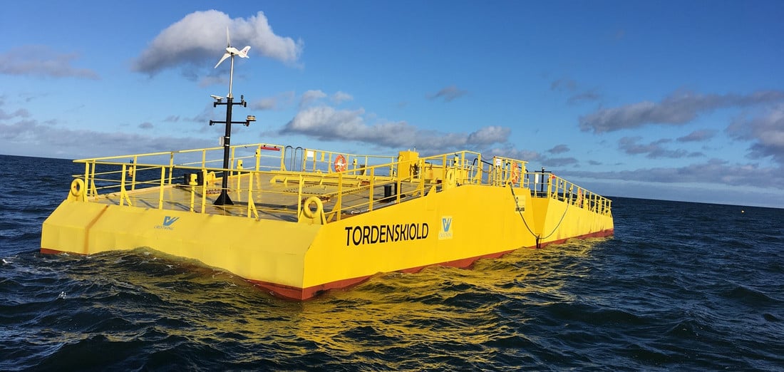 Crestwing's Tordenskiold wave energy prototype operating offshore Denmark (Courtesy of Crestwing)