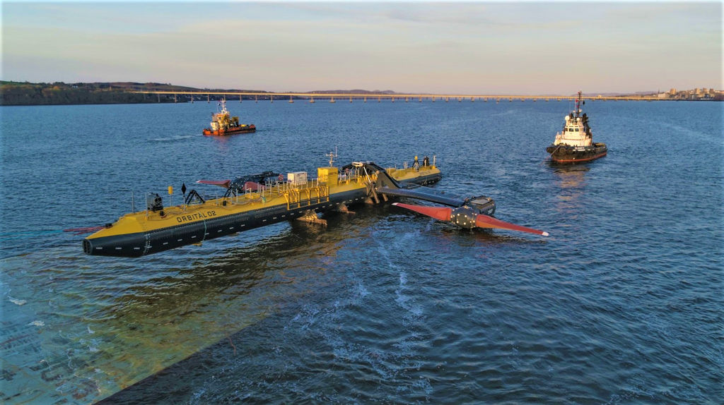 Orbital Marine's O2 floating above the barge (Courtesy of Orbital Marine Power)
