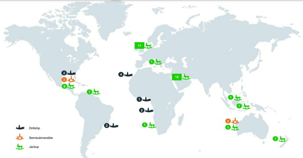 Includes eight jack-up rigs owned by Valaris that are leased to ARO Drilling in Saudi Arabia and excludes nine jack-up rigs owned by ARO Drilling (operating and under construction), two rigs that
Valaris manages on behalf of a customer and two drillships that Valaris has the option to purchase by year-end 2023; Source: Valaris