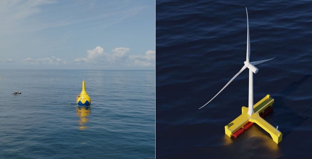 Illustration/L to R: CorPower Ocean’s wave energy device and Floating Power Plan’ts wave-wind hybrid (Courtesy of CorPower Ocean/Floating Power Plant)
